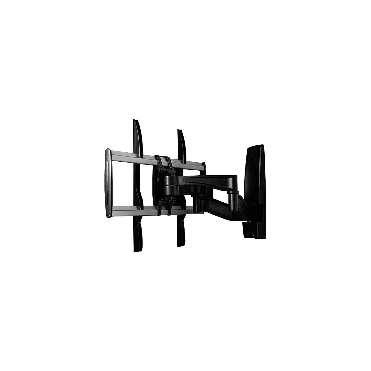 Schwenkbare TV-Halterung, silberne Arme, schwarze Gelenke und Wandhalterung, freigestellt.