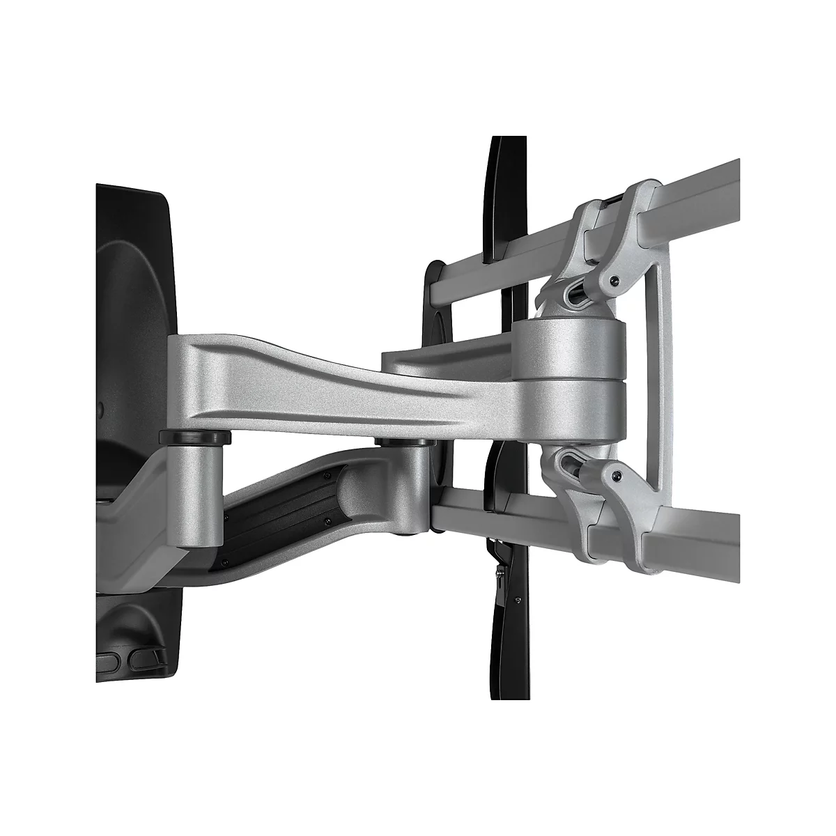 Ein silberner TV-Wandhalterung, detailliert dargestellt. Verschiedene Gelenke und Halterungen sind erkennbar.