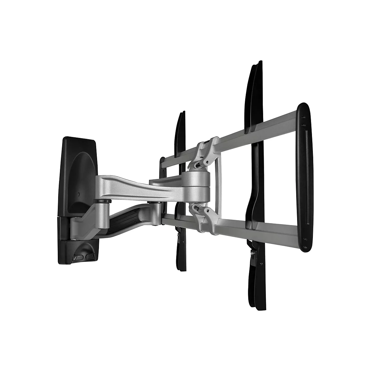 Wandhalterung für Fernseher, silberfarben, mit schwarzer Halterung auf weißem Hintergrund.