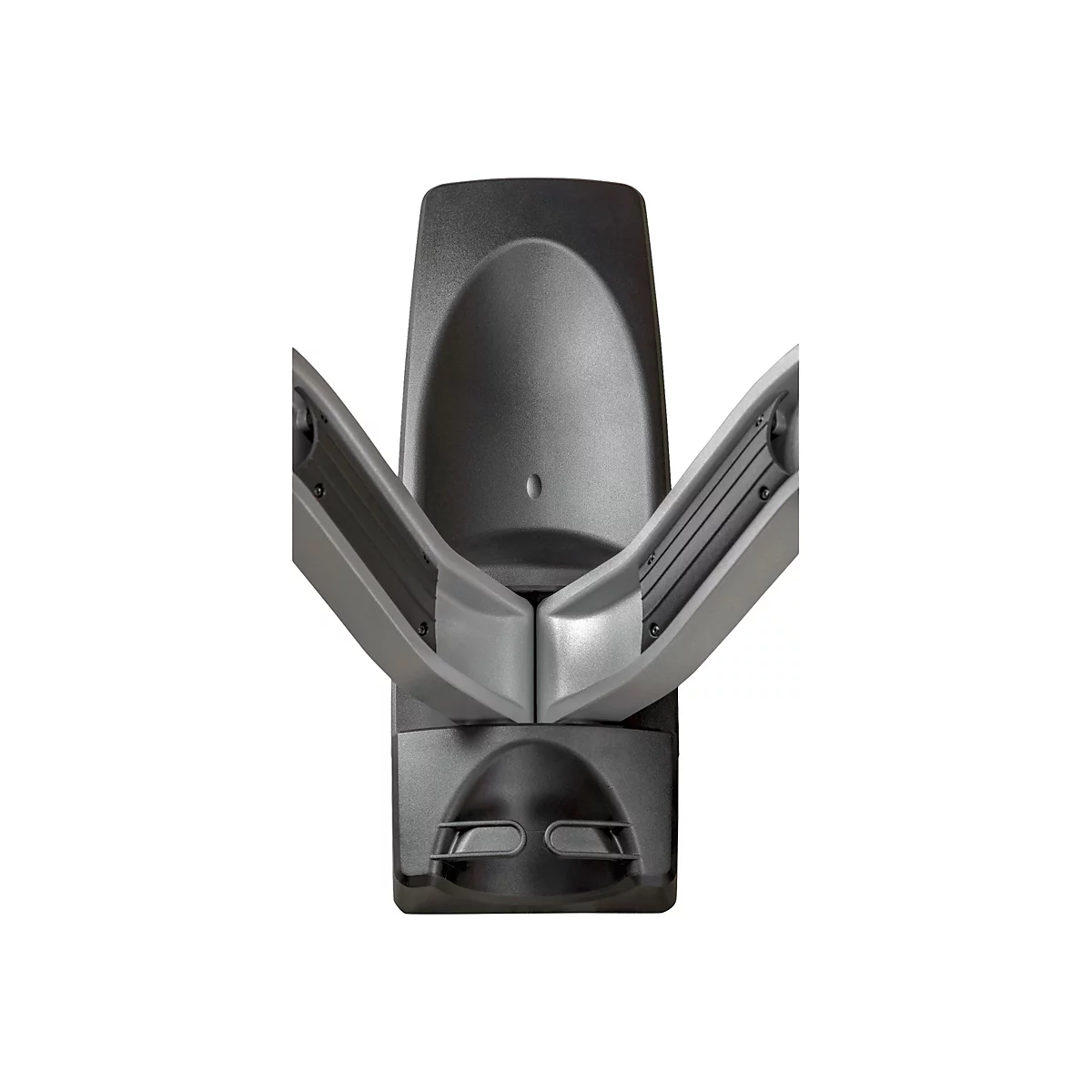 Draufsicht auf ein schwarzes Gerät mit ausklappbaren, grauen Seiten. Das Gerät hat eine runde Form mit leicht vertikalen Linien.