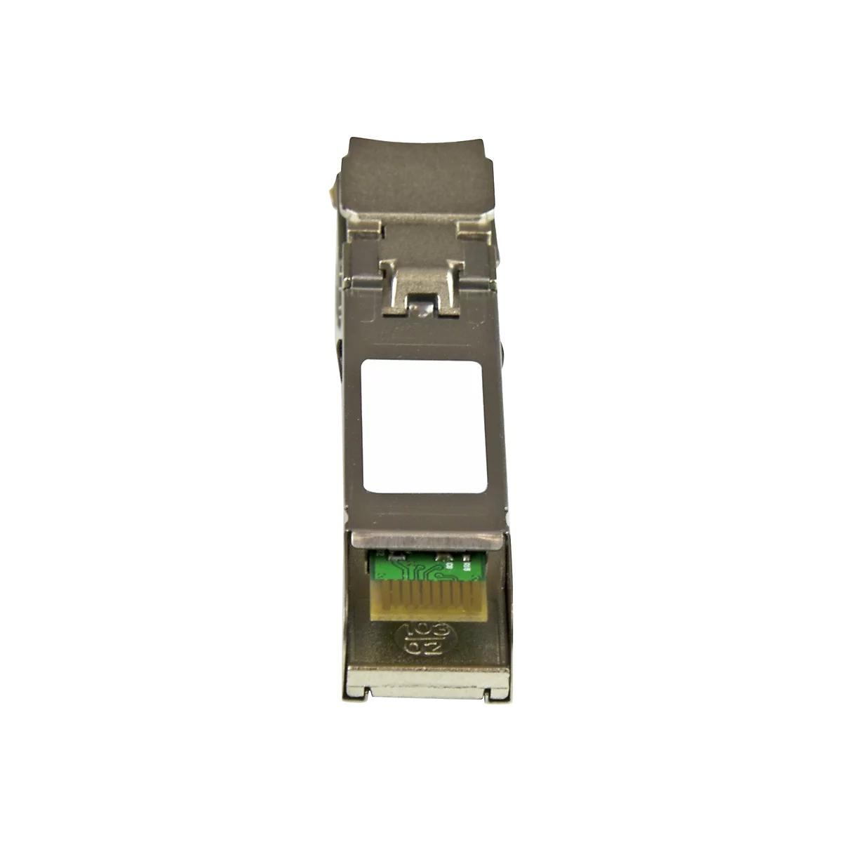 Module rÃ©seau argentÃ© avec connecteur vert, gros plan.