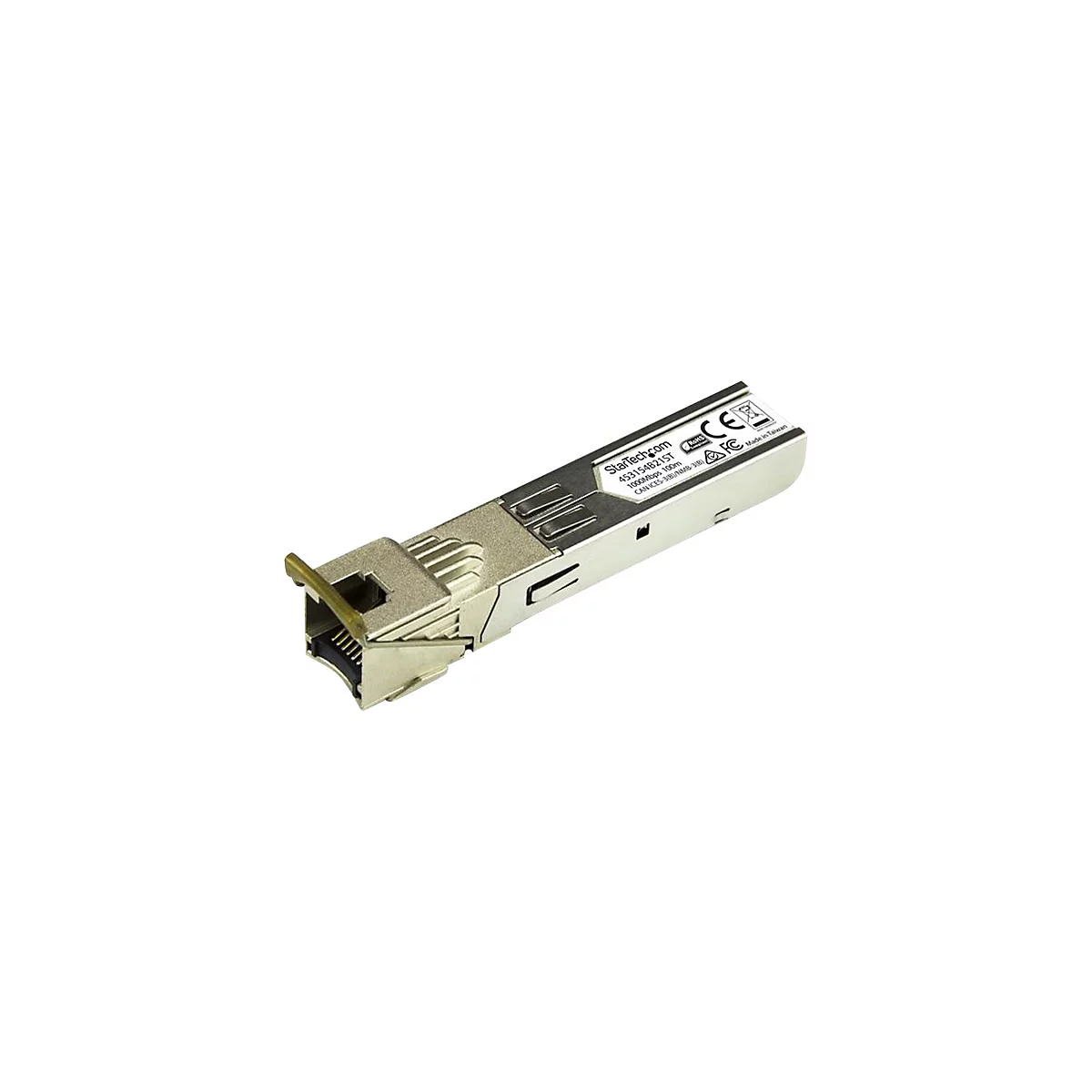 Ã‰metteur-rÃ©cepteur SFP mÃ©tallique de StarTech, dÃ©tails avec texte. Marquage CE.
