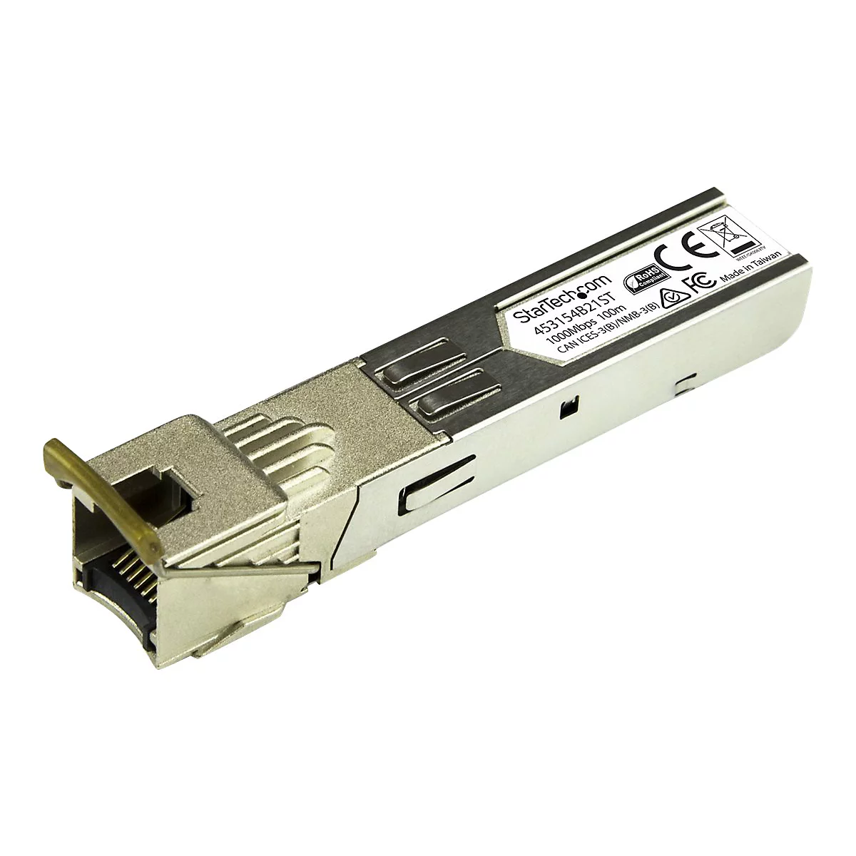 Ã‰metteur-rÃ©cepteur SFP mÃ©tallique, vue de dessus. Inscriptions : StarTech.com. Sur fond blanc.