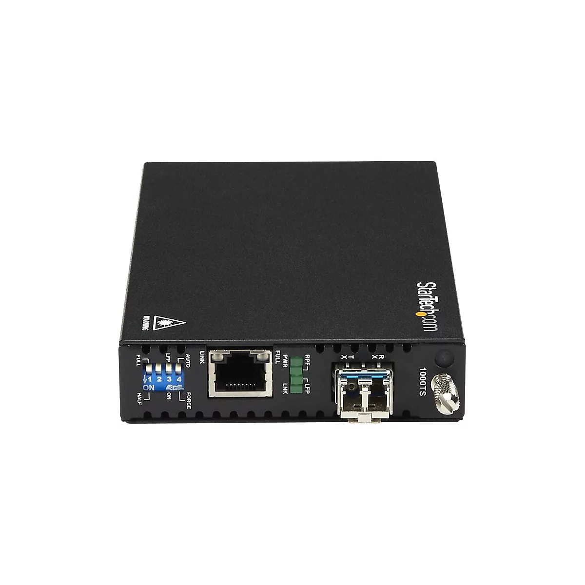 Schwarzer Netzwerk-Medienkonverter mit verschiedenen Anschlüssen und LED-Anzeigen, StarTech.com Logo.