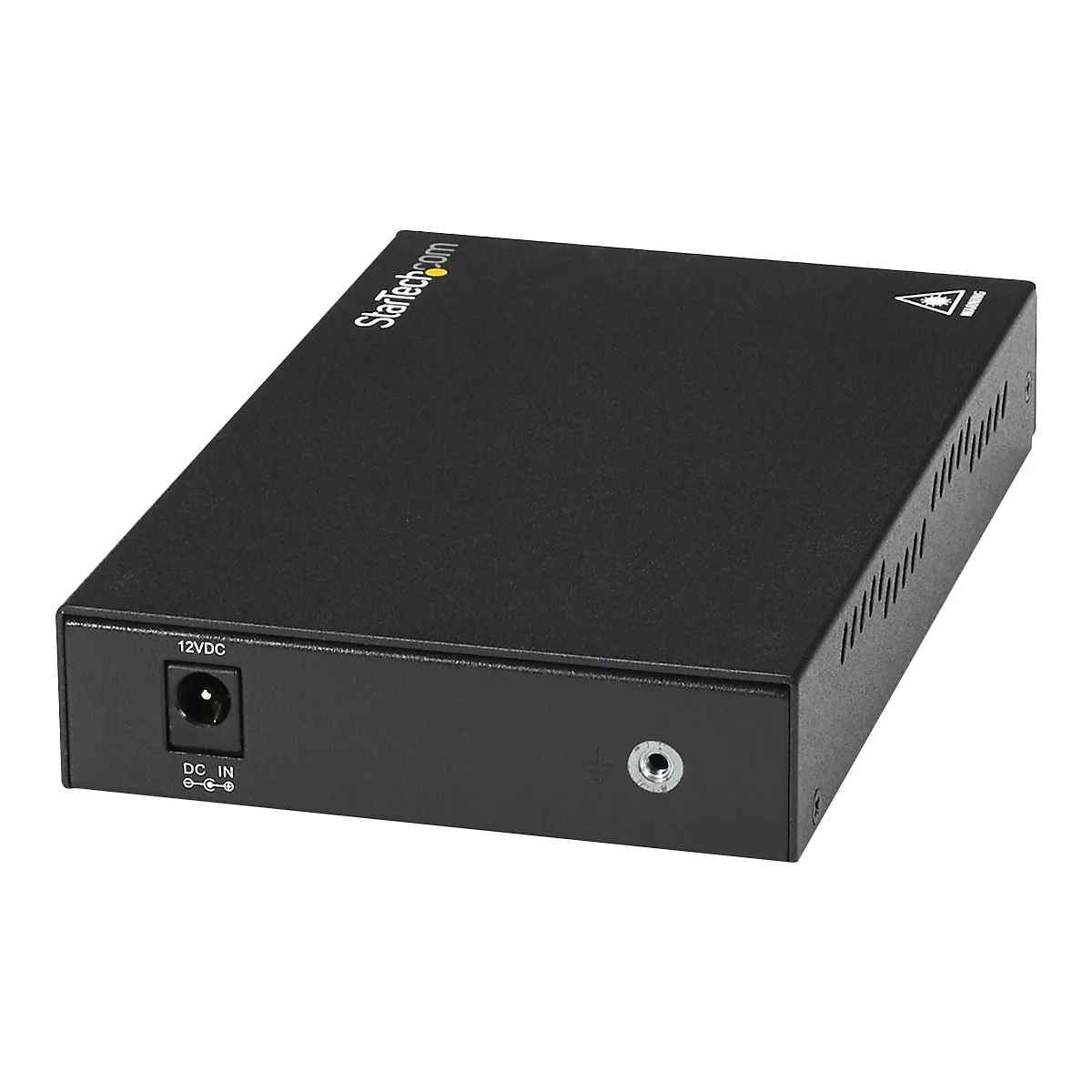 Schwarzer Netzwerk-Switch von StarTech.com mit Anschlüssen und Logo.