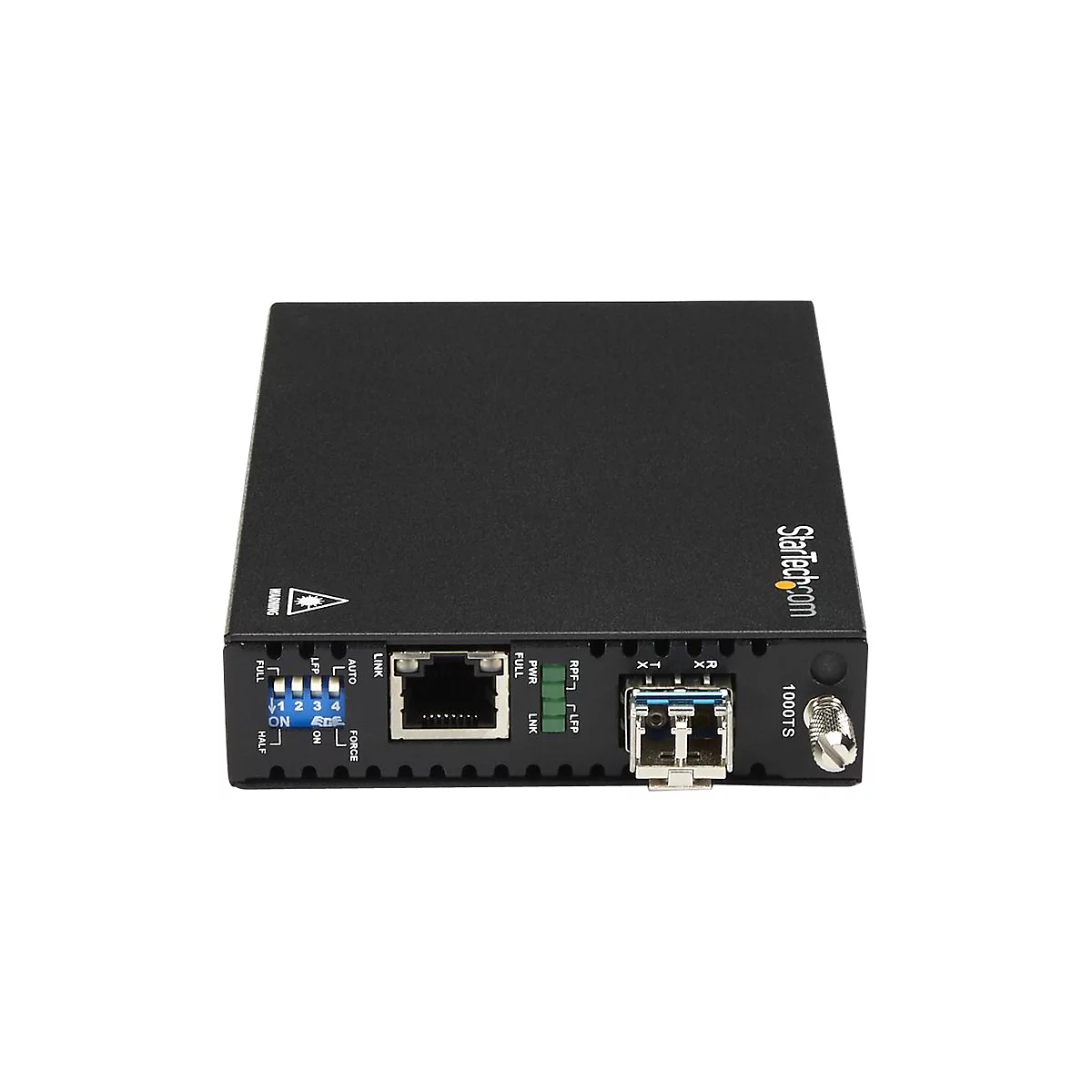 Ein schwarzer Netzwerk-Medienkonverter mit Anschlüssen, Anzeigen und StarTech.com Logo. Beschriftung: 1000TS.