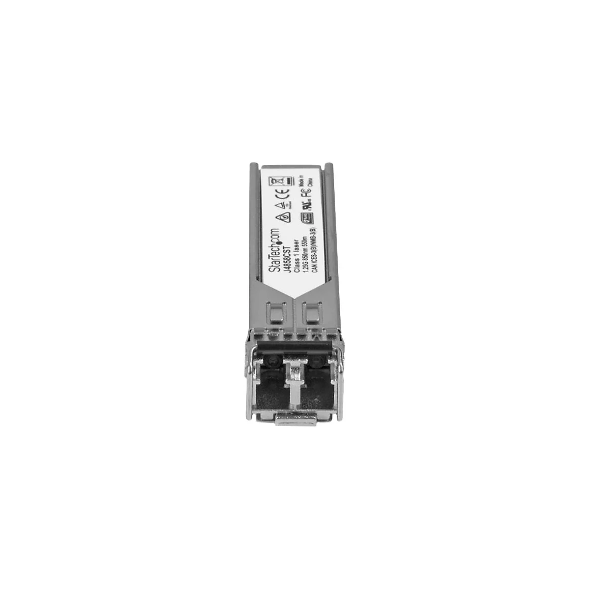 Un émetteur-récepteur SFP métallique, avec du texte tel que StarTech.com, J4858CST et d'autres spécifications techniques.
