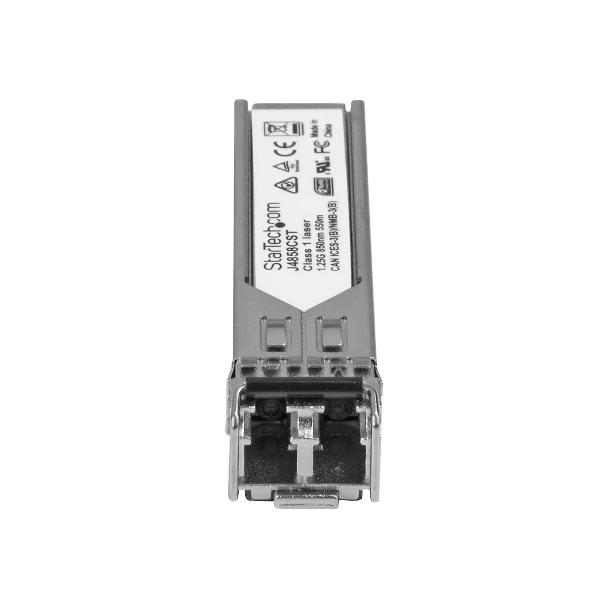 Émetteur-récepteur SFP en métal avec le logo StarTech.com et les détails du produit. Inscription : J4858CST, Classe 1 Laser, 1.25G 850nm 550m.