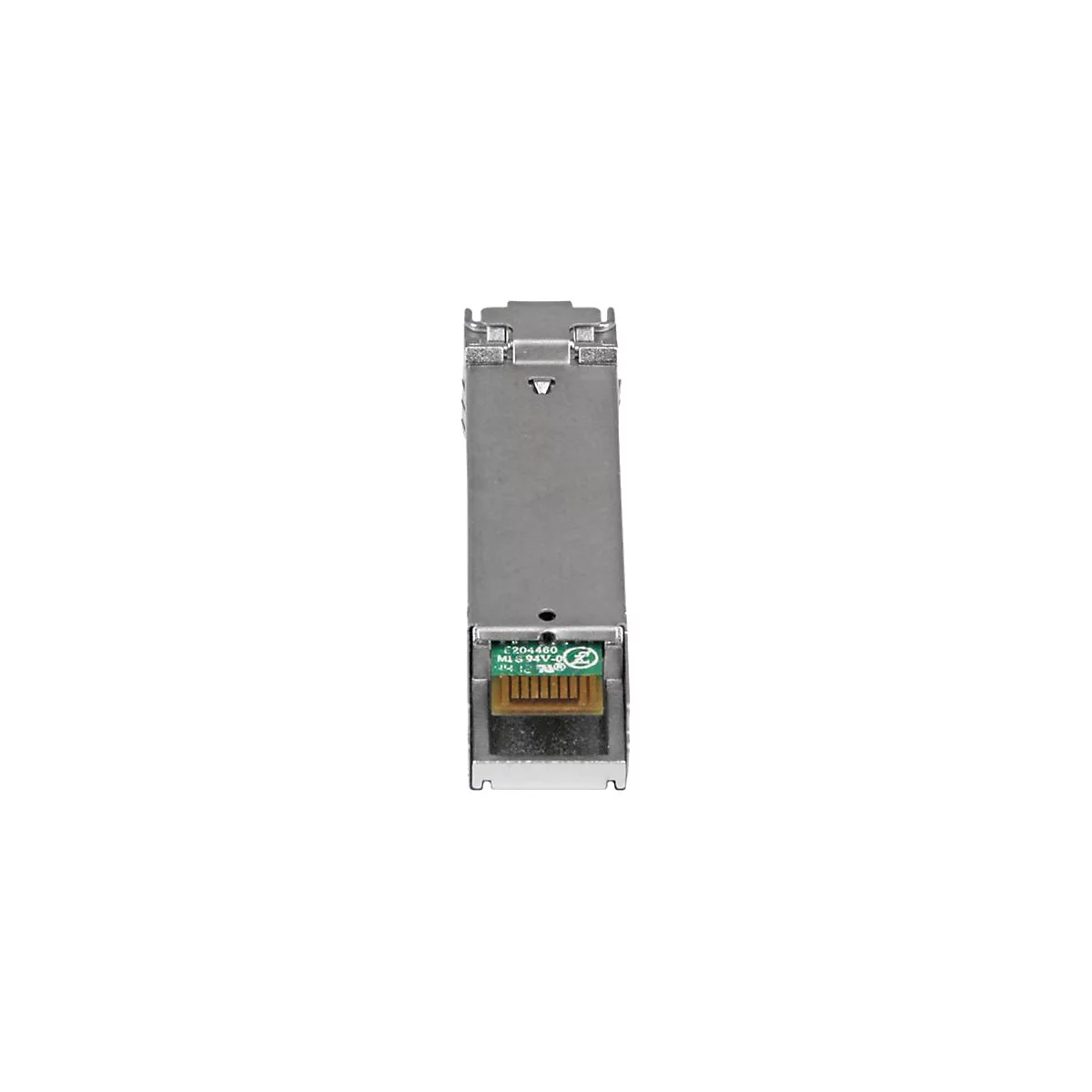 Un connecteur rectangulaire métallique avec circuit imprimé et impression.