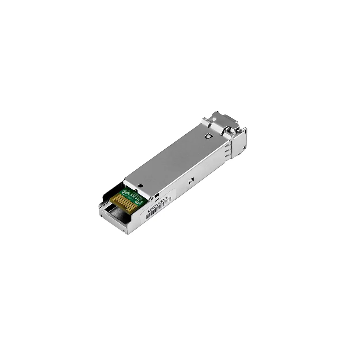 Émetteur-récepteur SFP en métal avec circuit imprimé. Autocollant avec code-barres et marquages. Vue détaillée.