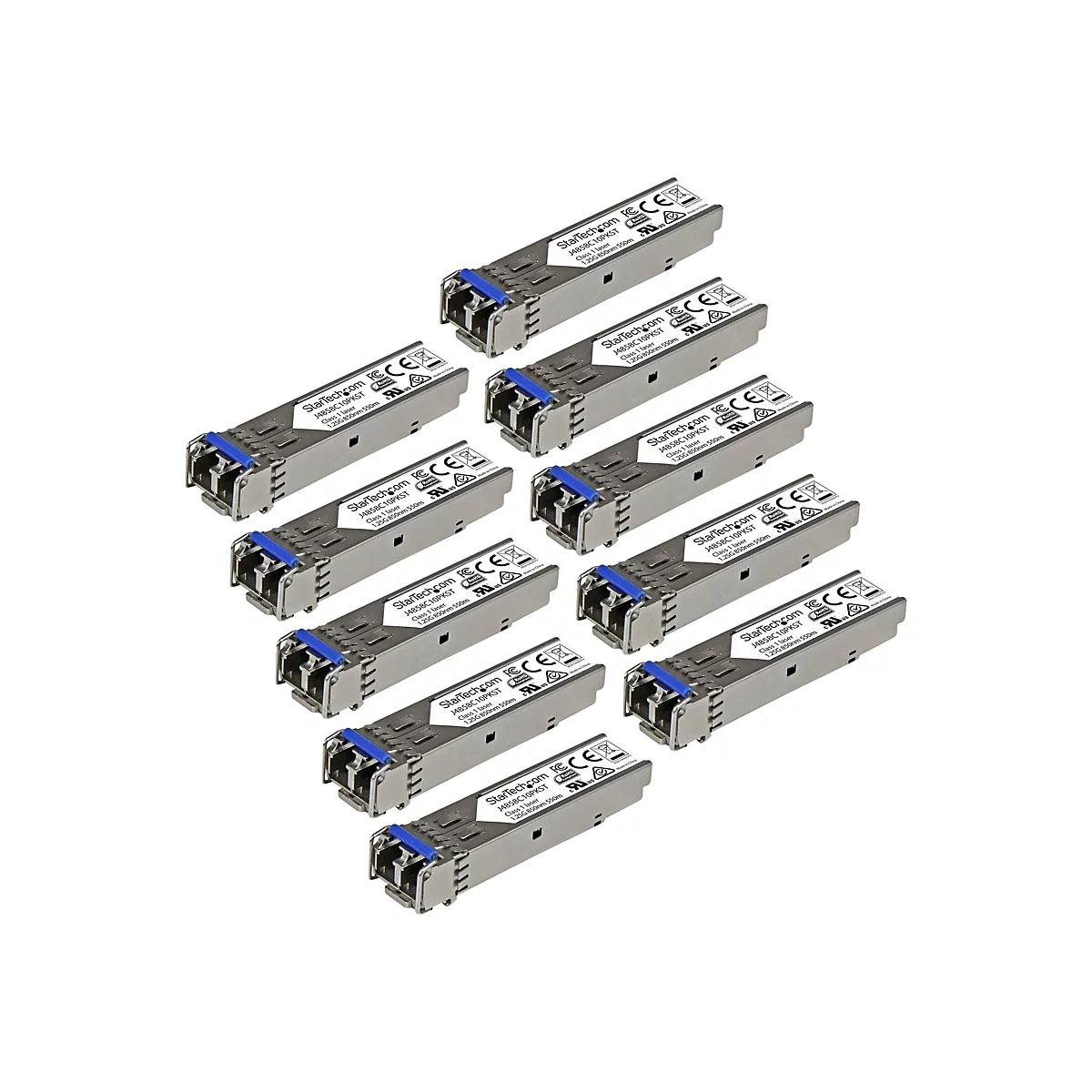 Une douzaine de modules réseau argentés avec des accents bleus reposent sur un fond blanc. Des détails techniques sont affichés sur chaque module.