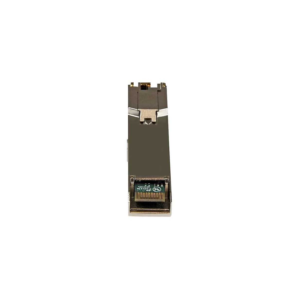 Un composant électronique métallique, isolé sur fond blanc. Avec une carte de circuit imprimé verte et du texte.