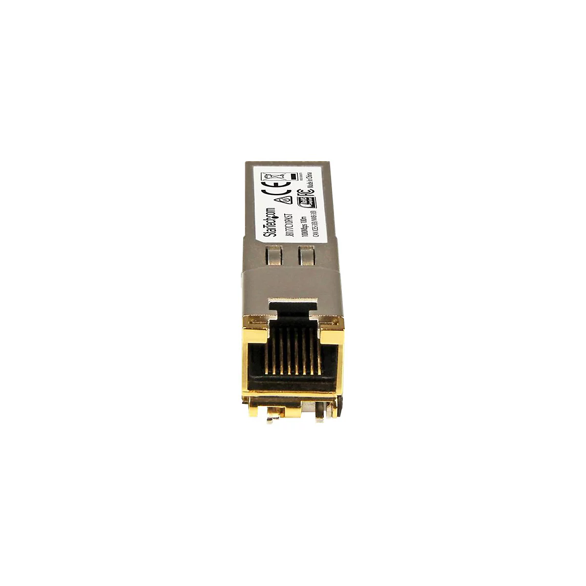 Un module RJ45 en or et argent, avec des textes tels que 'StarTech.com' et 'Made in China'.