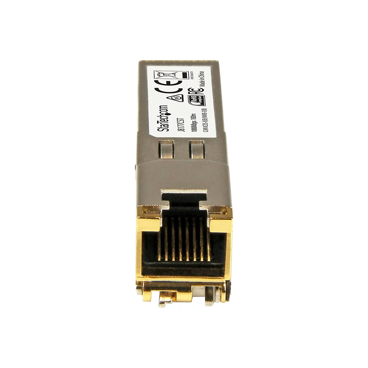 Un module Ethernet argenté avec un connecteur doré et des contacts noirs. Logos et texte imprimés. La marque StarTech.com est visible.