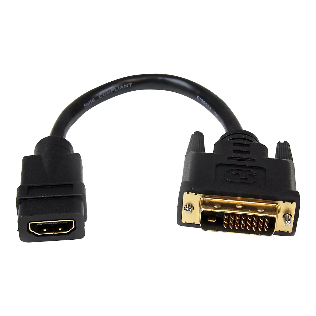 Schwarzes HDMI-auf-DVI-Adapterkabel vor weißem Hintergrund. Stecker sind klar erkennbar.