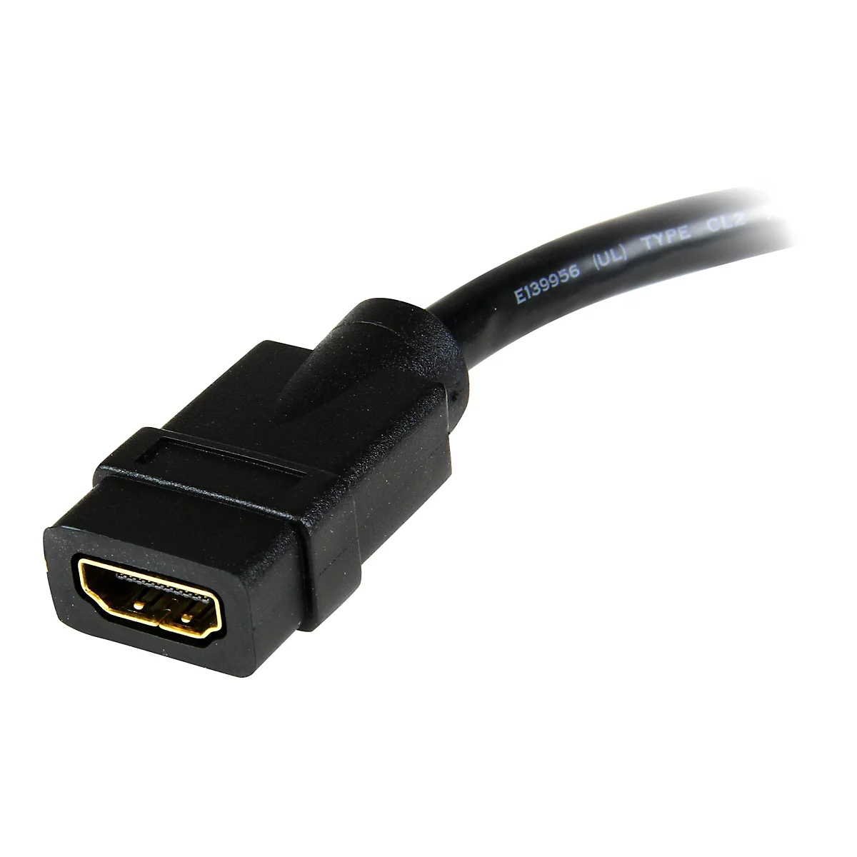 Nahaufnahme eines schwarzen HDMI-Kabels. Der Stecker ist im Fokus, das Kabel ist im Hintergrund zu sehen. Auf dem Kabel steht 'E139956 (UL) TYPE CL2'.