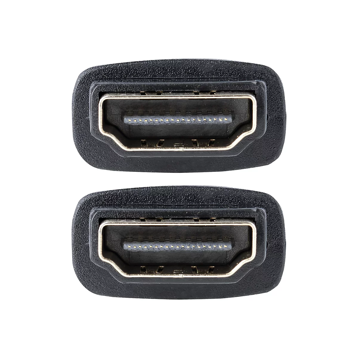 Zwei schwarze HDMI-Stecker, Detailansicht, auf weißem Hintergrund. Die Metallpins sind gut erkennbar.