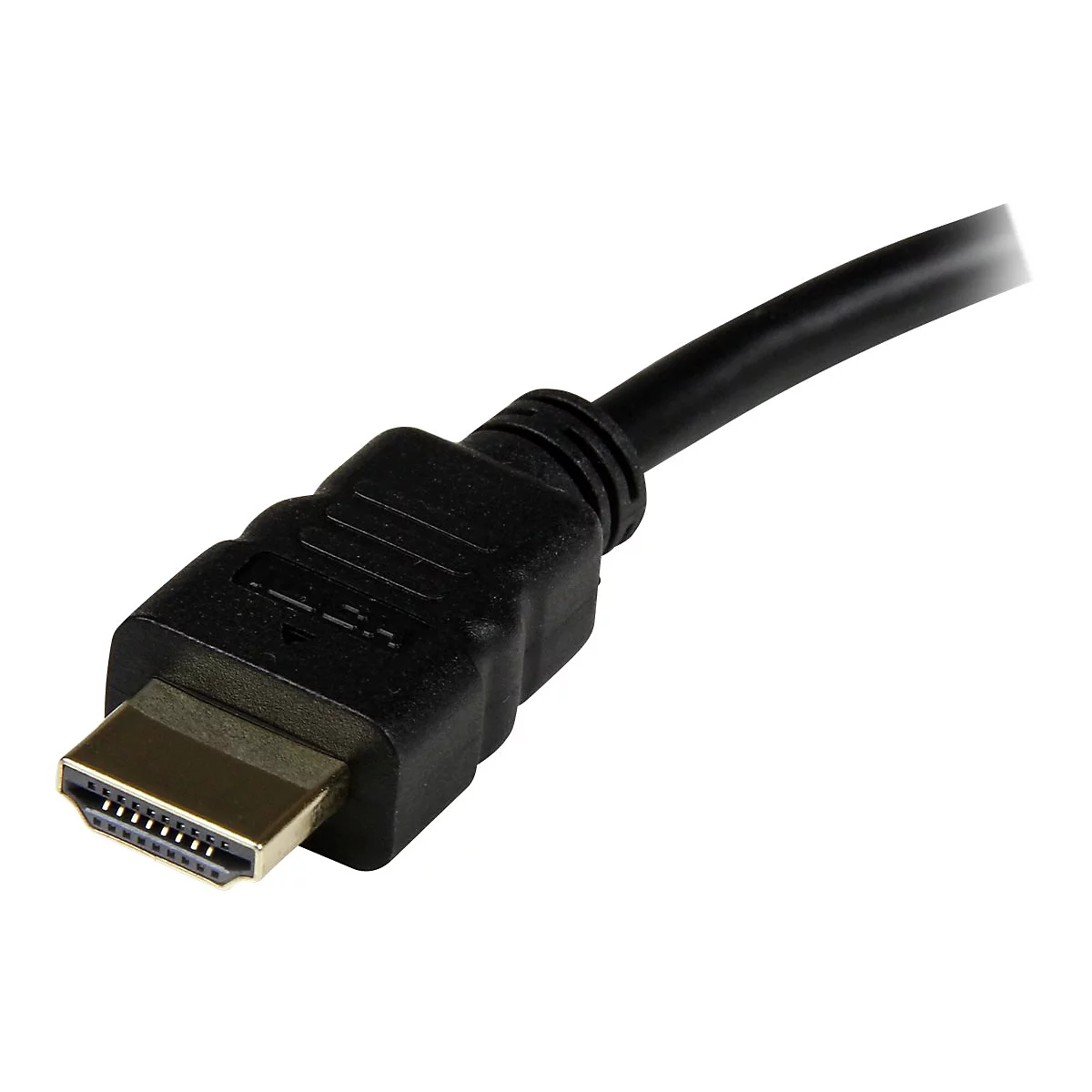 Nahaufnahme eines schwarzen HDMI-Kabels mit goldenem Anschluss.