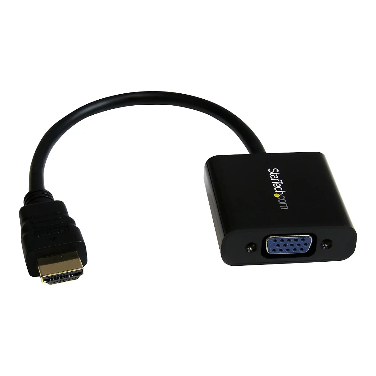 Schwarzer HDMI-auf-VGA-Adapter, verbunden durch ein Kabel. Auf dem Adapter steht StarTech.com.