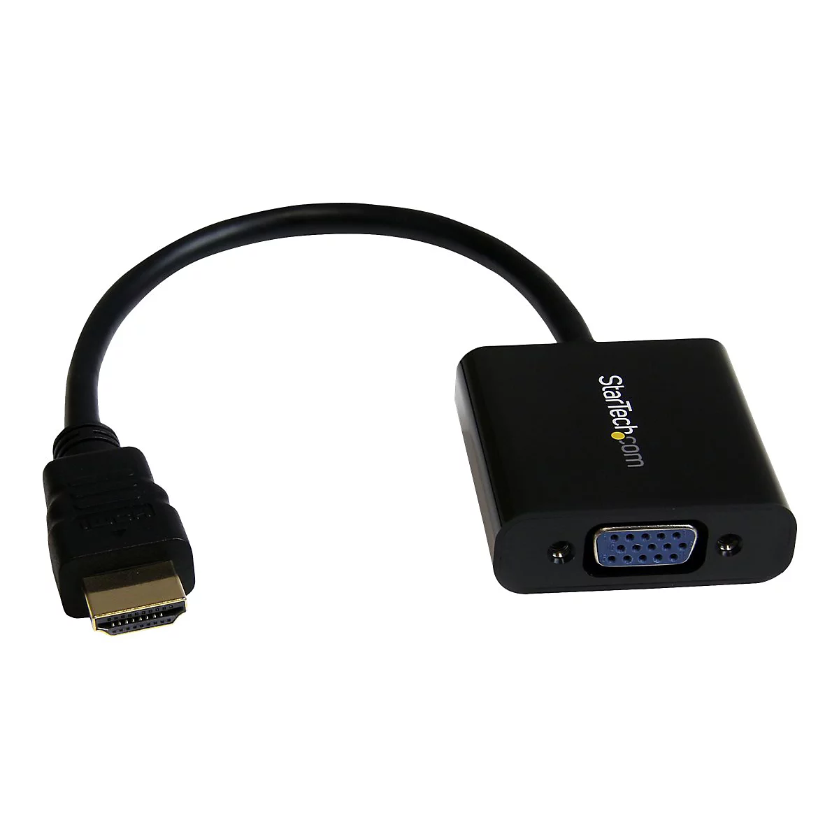 Schwarzer HDMI-auf-VGA-Adapter mit Kabel. VGA-Anschluss, HDMI-Stecker, StarTech.com Logo.