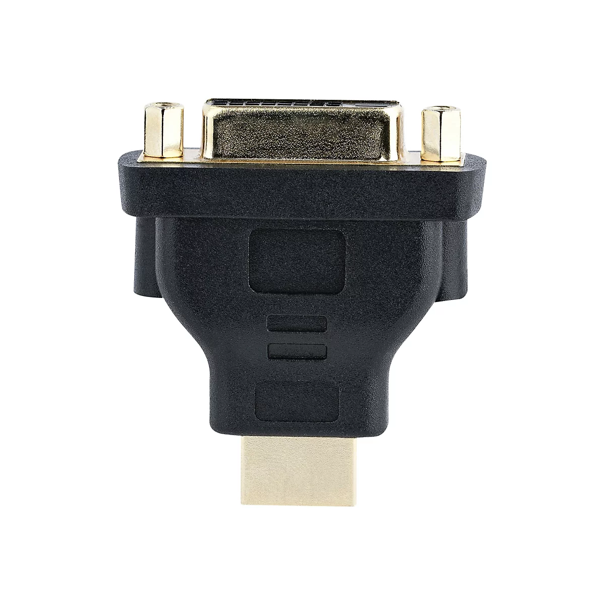 Schwarzer HDMI auf DVI-Adapter, metallfarbene Anschlüsse.