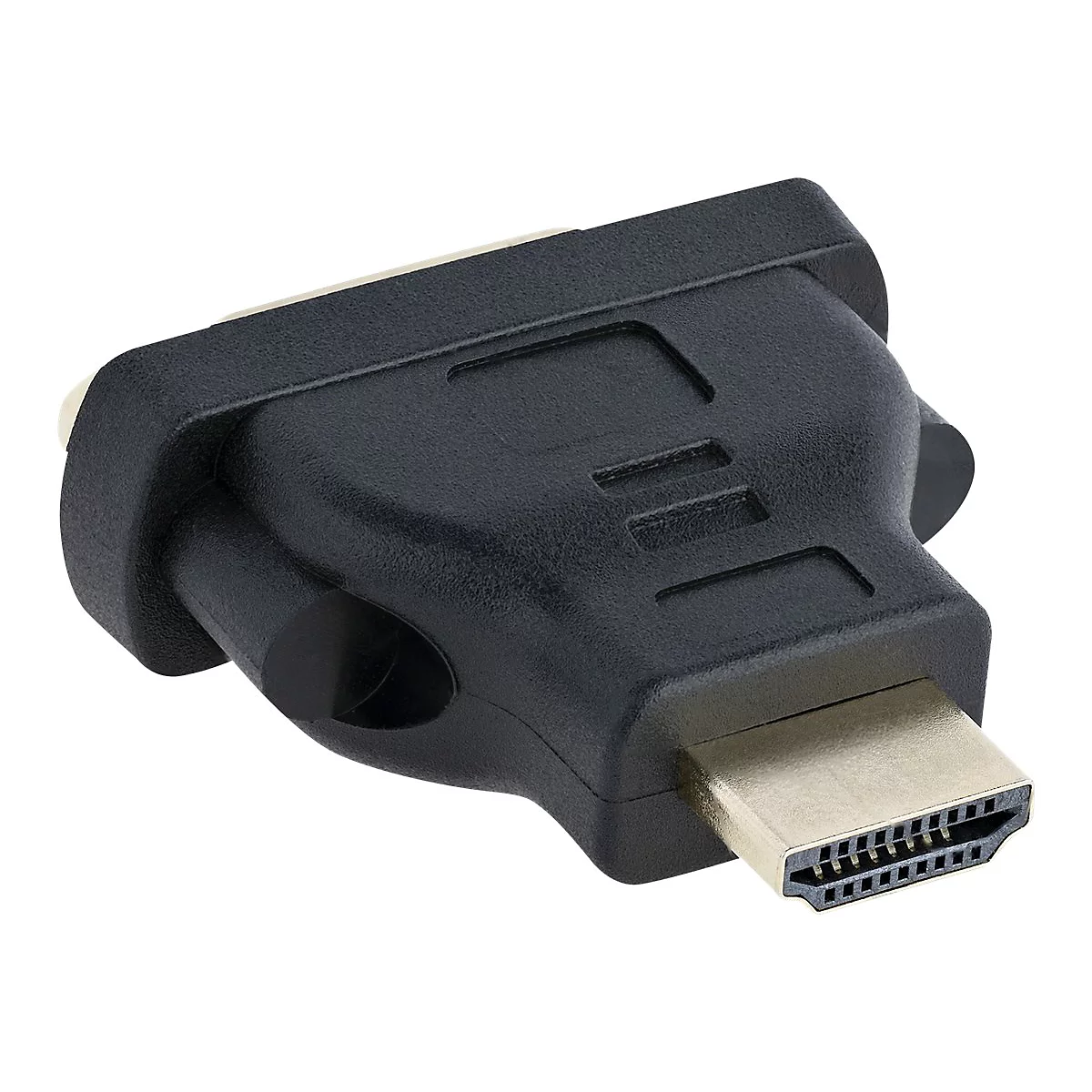 Schwarzer HDMI-DVI-Adapter mit goldenen Kontakten vor weißem Hintergrund.