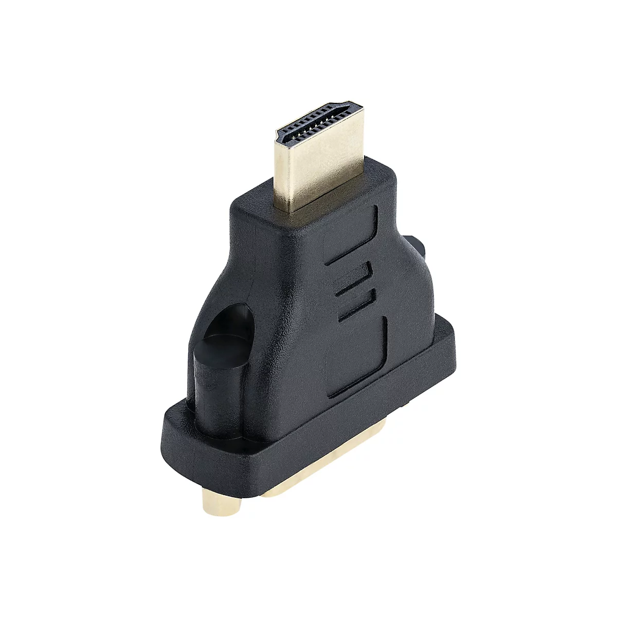 Ein schwarzer HDMI-auf-DVI-Adapter. Der goldfarbene HDMI-Stecker ist oben, schwarzer Kunststoffkörper mit drei Aussparungen und goldfarbener DVI-Stecker.