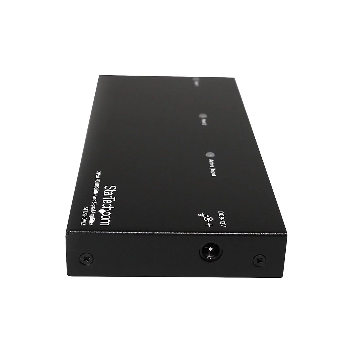 Schwarzer HDMI-Splitter von StarTech.com mit weißen Beschriftungen. Beschriftet mit "Active Input", "DC9-12V" und "2 Port HDMI Splitter and Signal Amplifier".