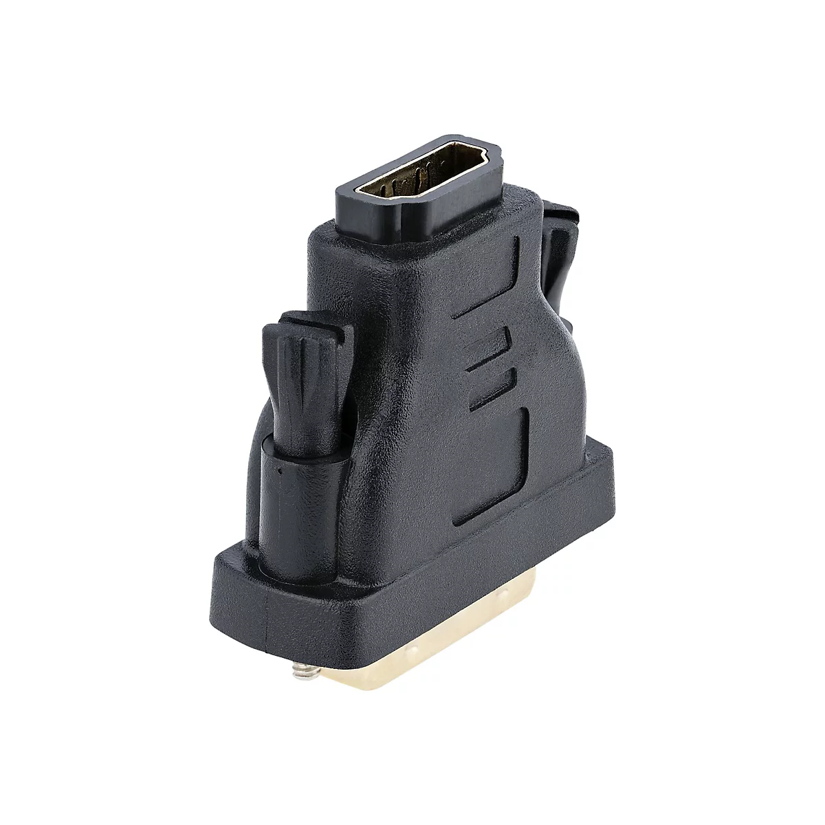 Schwarzer HDMI-auf-DVI-Adapter, Detailansicht. Der Adapter hat eine rechteckige Form mit abgerundeten Ecken und ist aus schwarzem Kunststoff gefertigt.