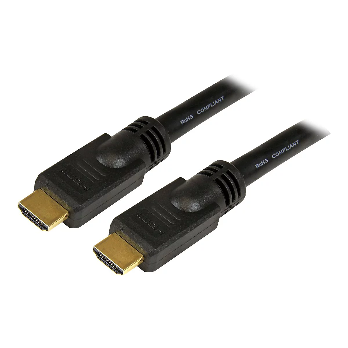 Zwei schwarze HDMI-Kabel mit vergoldeten Anschlüssen. Auf den Kabeln steht „RoHS COMPLIANT“.