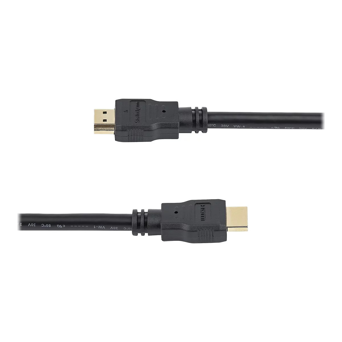 Zwei schwarze HDMI-Kabel, eines oben und eines unten, mit goldenen Anschlüssen, vor weißem Hintergrund.