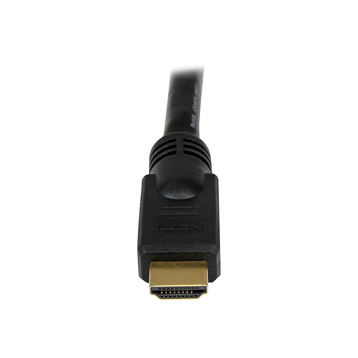 Nahaufnahme eines schwarzen HDMI-Kabels. Der Stecker ist goldfarben, die Kabelbeschriftung ist schwer zu entziffern.
