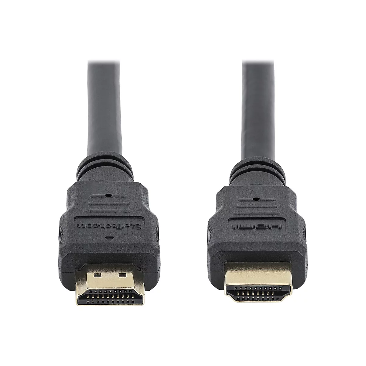Zwei schwarze HDMI-Kabel mit vergoldeten Anschlüssen, vor weißem Hintergrund.