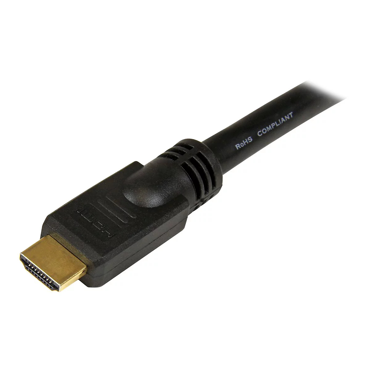 Nahaufnahme eines schwarzen HDMI-Kabels. Der Stecker ist goldfarben. Auf dem Kabel steht 'RoHS COMPLIANT'.