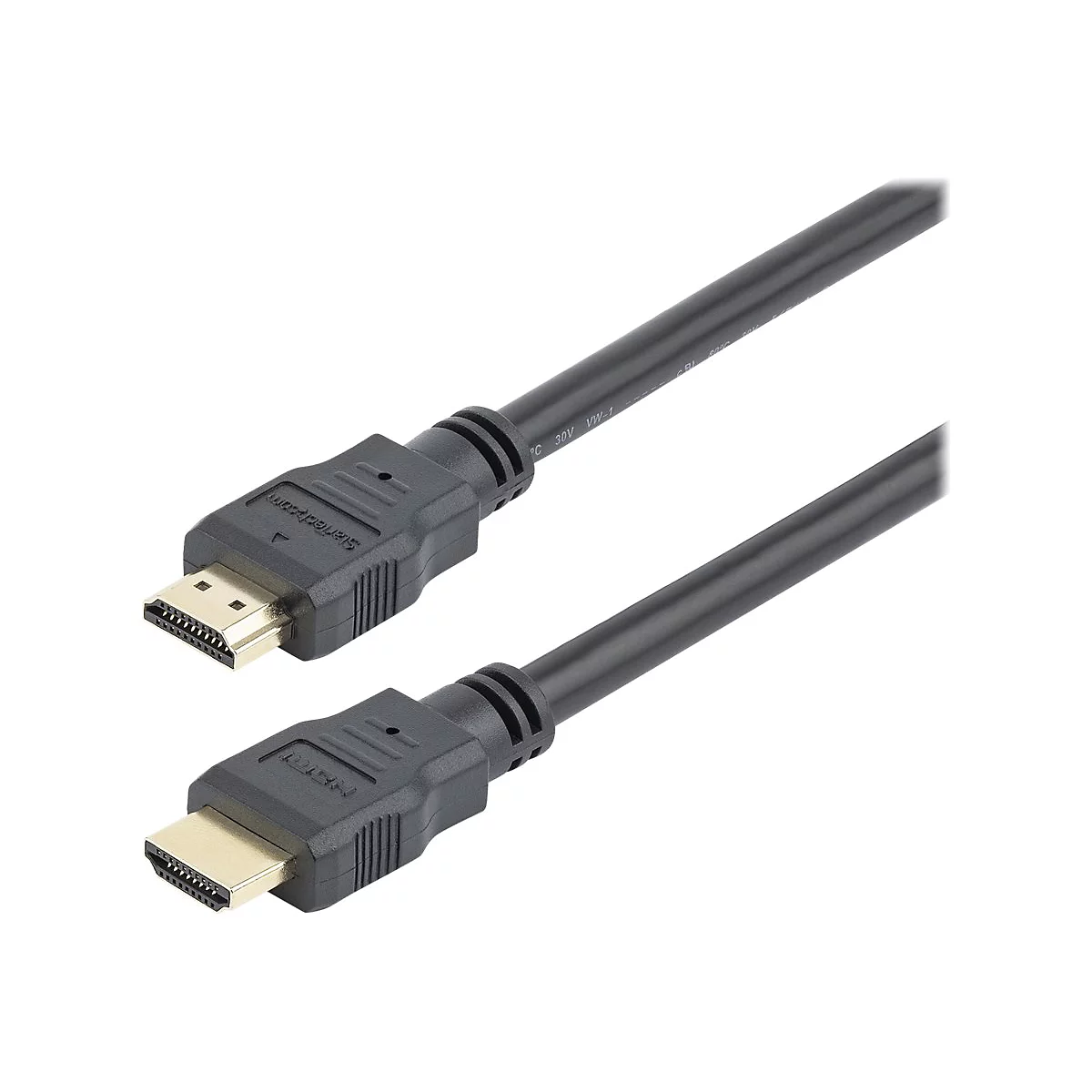 Schwarzes HDMI-Kabel mit Steckern an beiden Enden. Label: Startech.com.