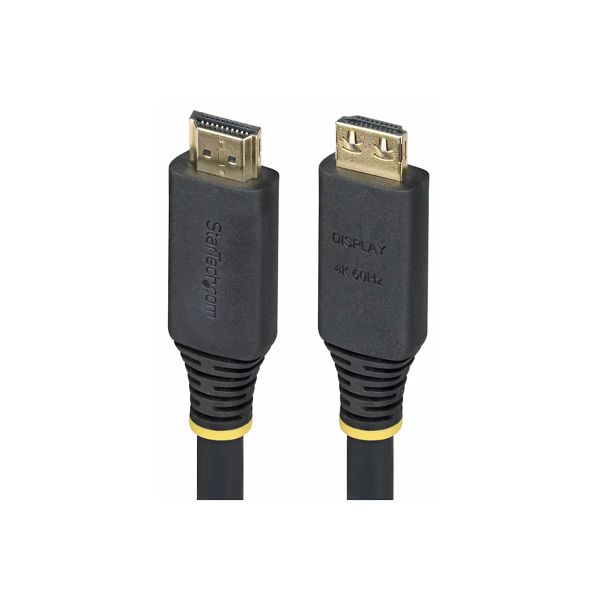 Zwei schwarze HDMI-Kabel mit goldenen Steckern und Schriftzug. Ein Kabel ist beschriftet mit "Startech.com", das andere mit "DISPLAY 4K 60Hz".