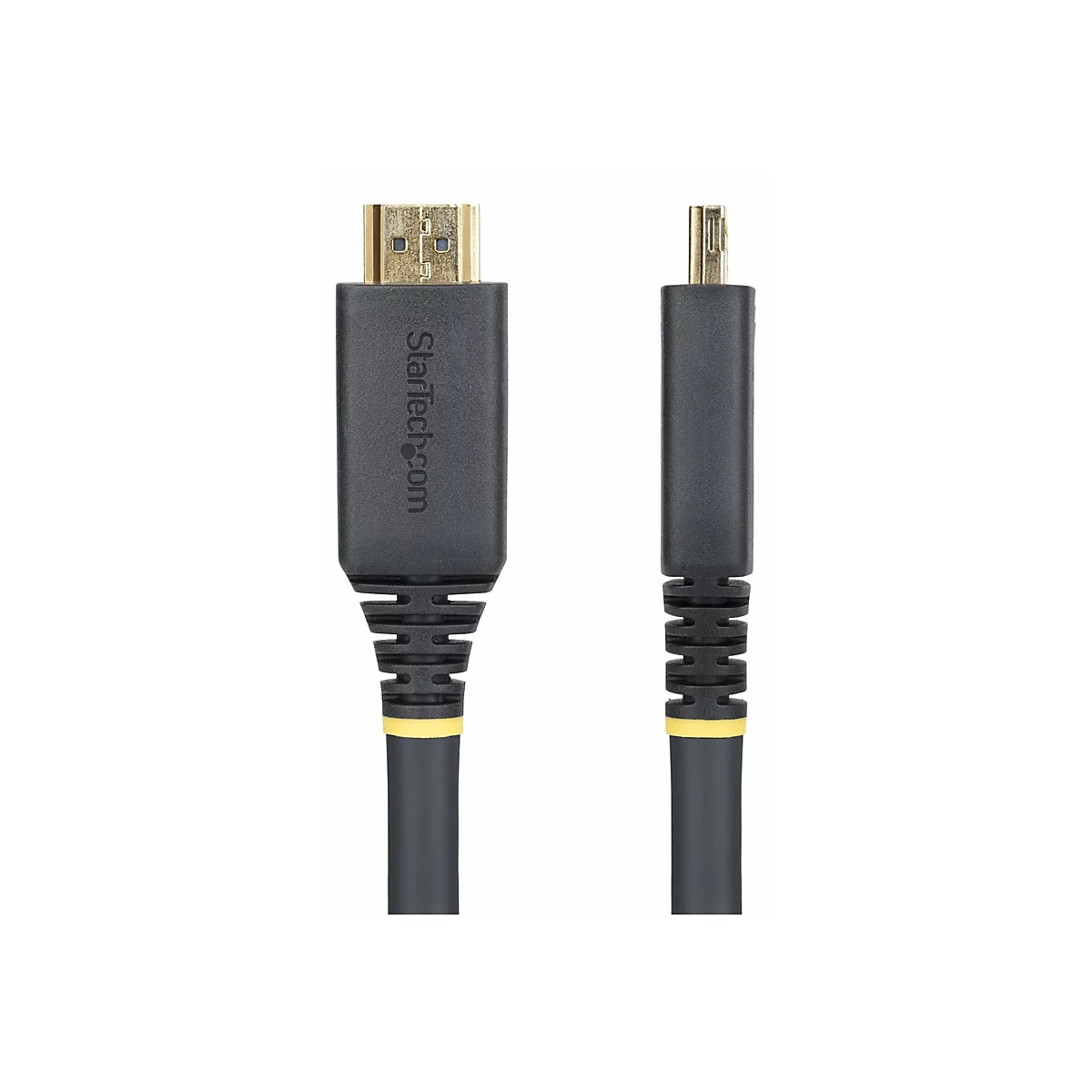 Ein schwarzes HDMI-Kabel mit goldenen Steckern. Auf einem Stecker steht "StarTech.com".