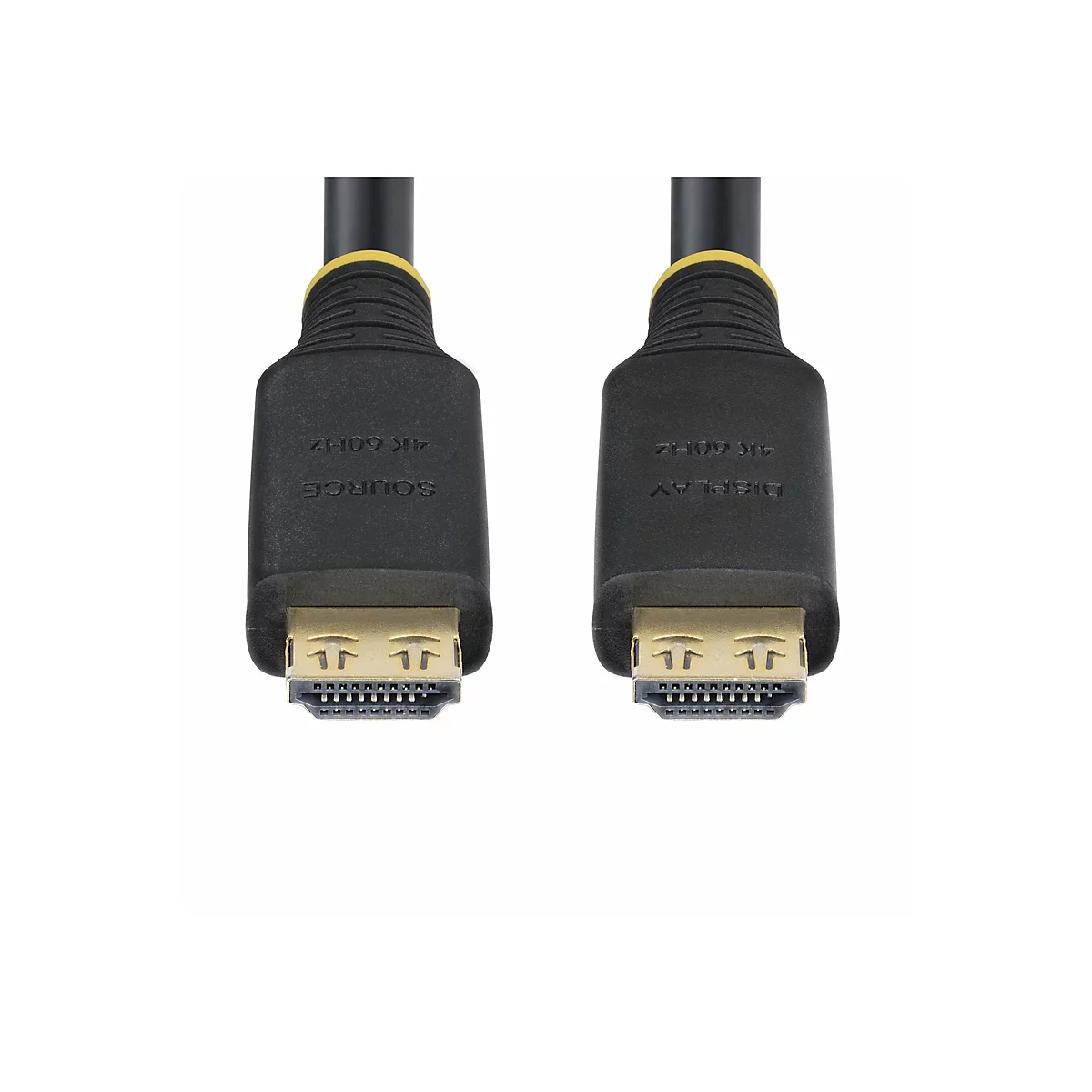 Zwei schwarze HDMI-Kabel mit goldenen Steckern und schwarzen Gehäusen. Auf einem steht "SOURCE", auf dem anderen "DISPLAY".