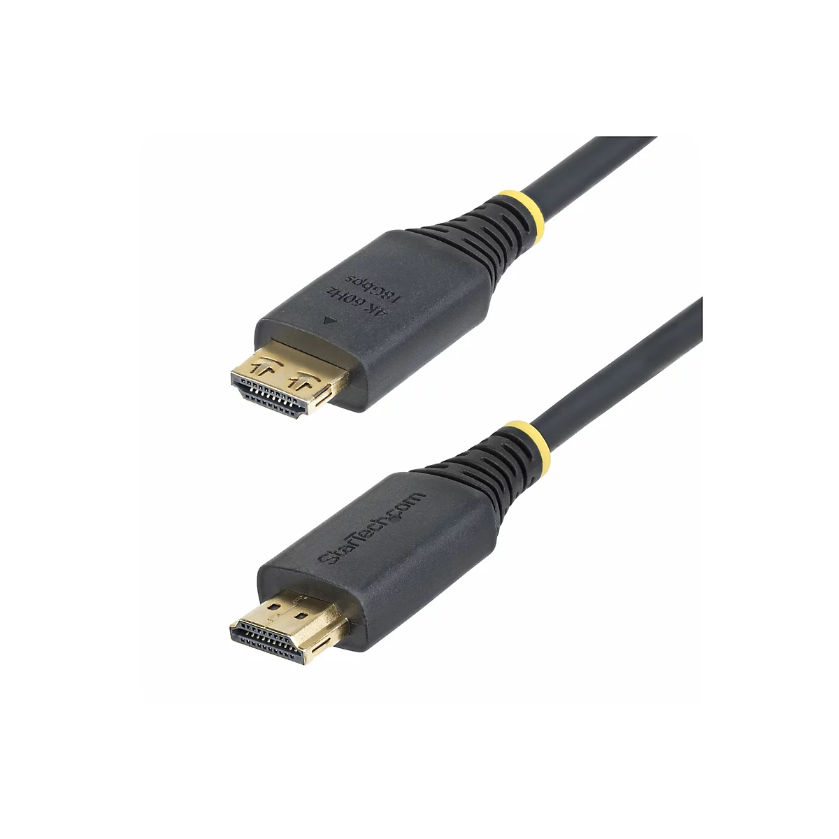 Schwarzes HDMI-Kabel mit goldenen Anschlüssen. Auf den Steckern sind Logos und Spezifikationen aufgedruckt. Gelber Ring am Kabelansatz.