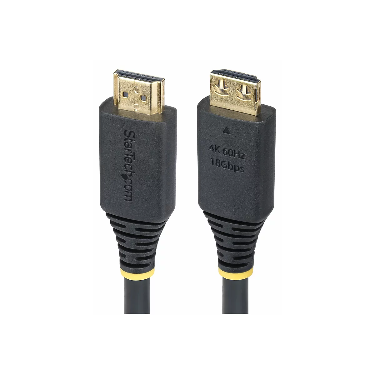 Zwei schwarze HDMI-Kabel mit goldenen Steckern auf weißem Hintergrund. Auf einem Kabel steht StarTech.com, auf dem anderen 4K 60Hz 18Gbps.