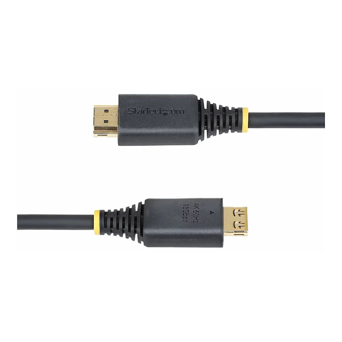 Schwarzes HDMI-Kabel mit Steckern an beiden Enden. Gelber Ring am Kabelansatz. Text auf dem Stecker.