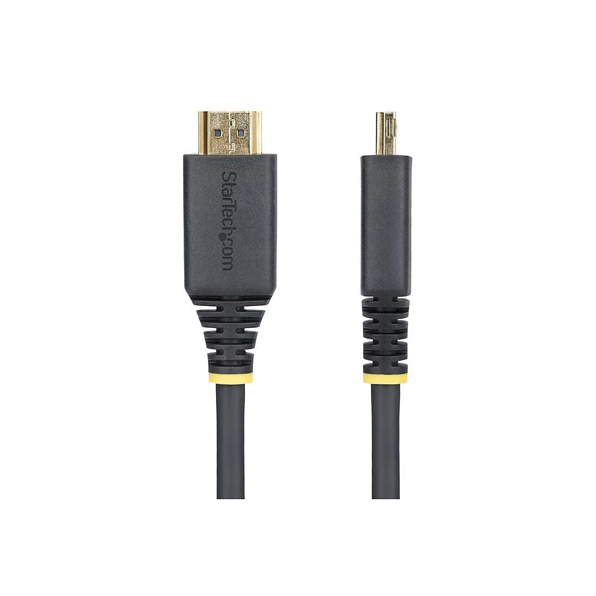 Ein schwarzes HDMI-Kabel mit goldenen Steckern auf weißem Hintergrund. Der Stecker trägt den Schriftzug StarTech.com.