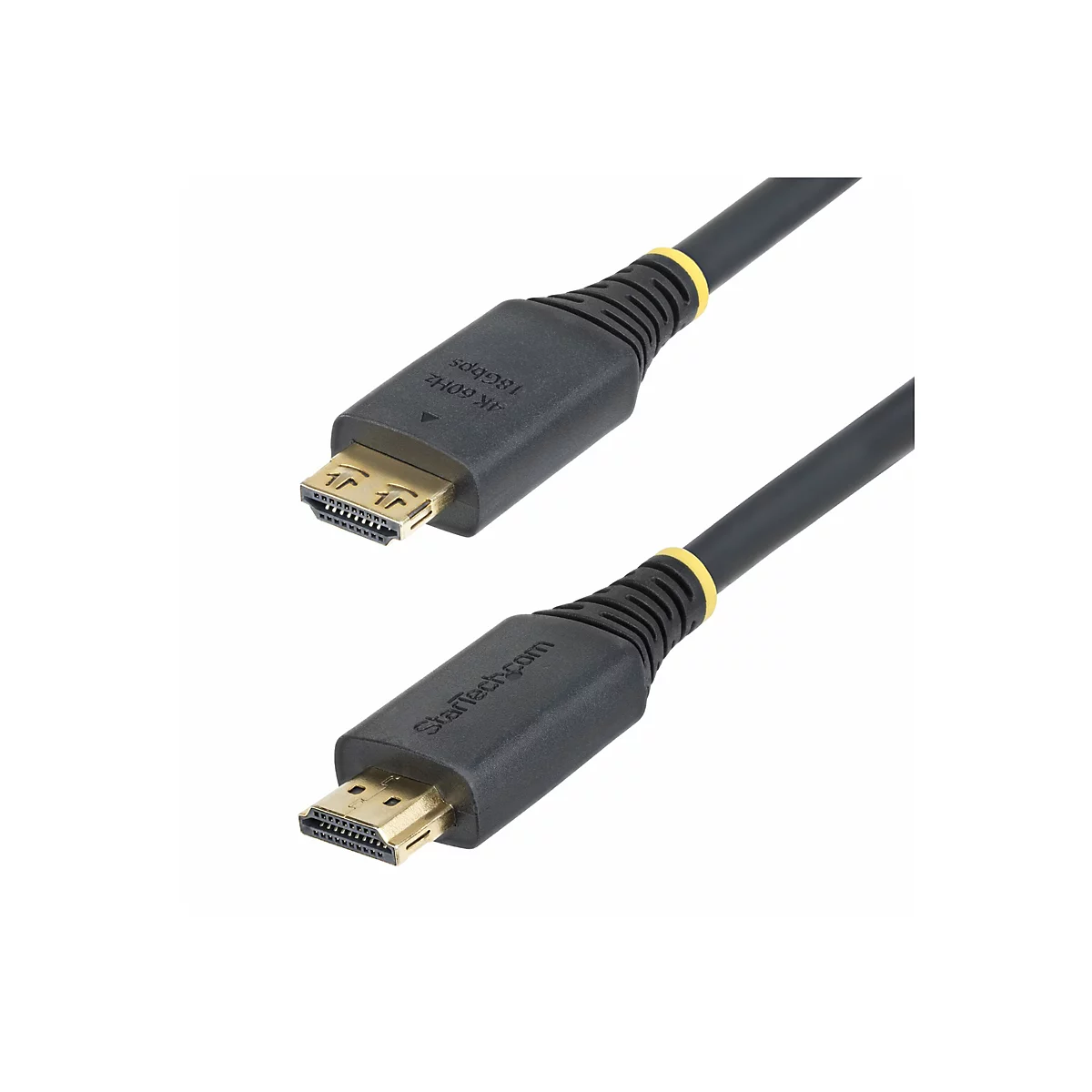 HDMI-Kabel. Schwarzes Kabel mit Steckern an beiden Enden. Auf einem Stecker steht "4K 60Hz 18Gbps".