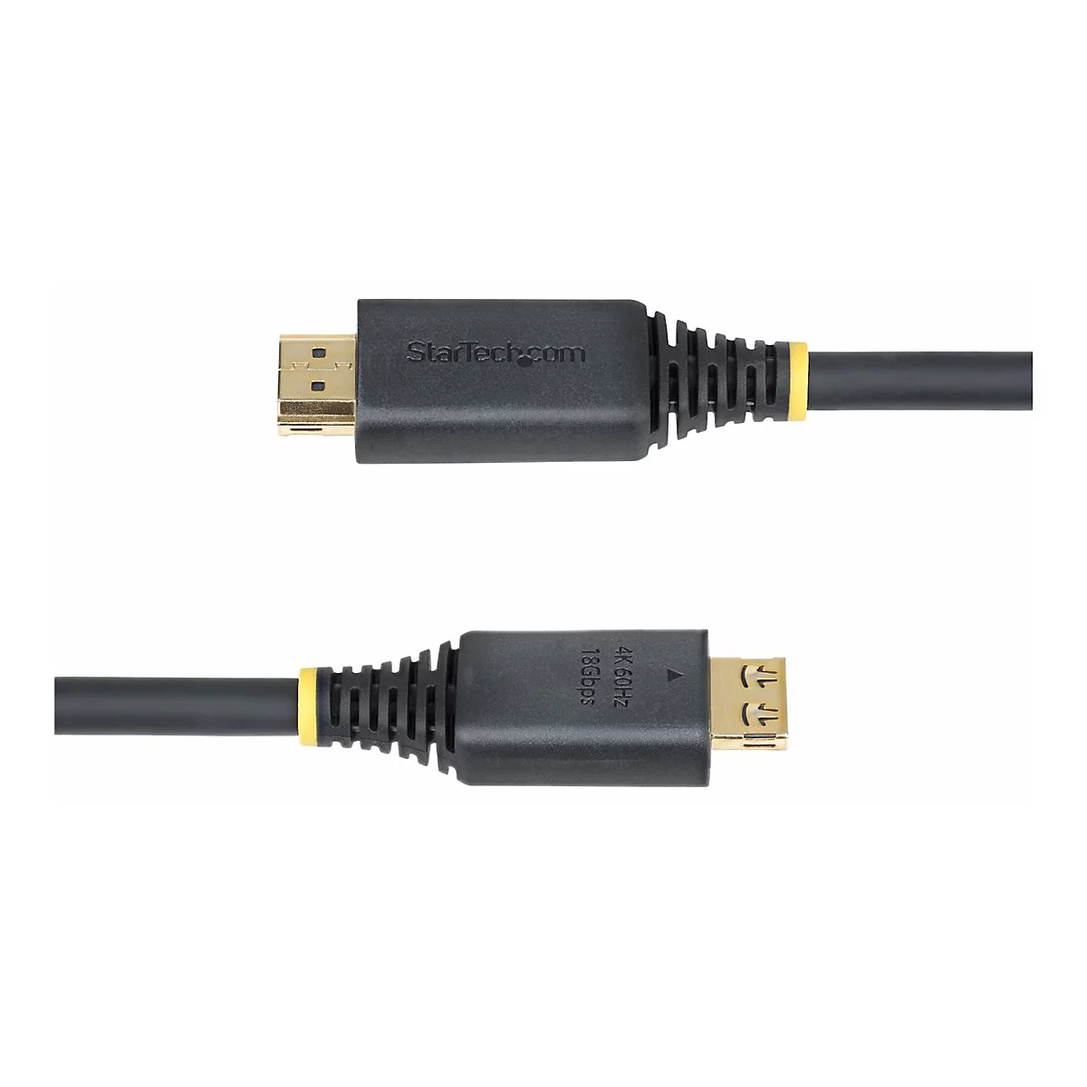 Schwarzes HDMI-Kabel mit gelbem Akzent, Stecker mit StarTech-Logo, auf weißem Hintergrund.