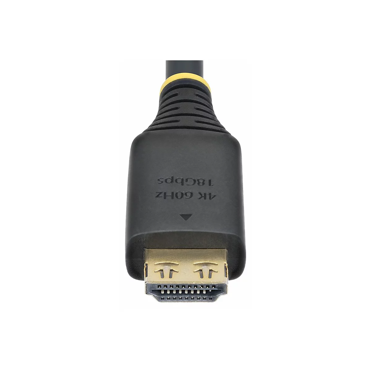 Nahaufnahme eines schwarzen HDMI-Kabels. Auf dem Stecker steht 4K 60HZ 18Gbps.