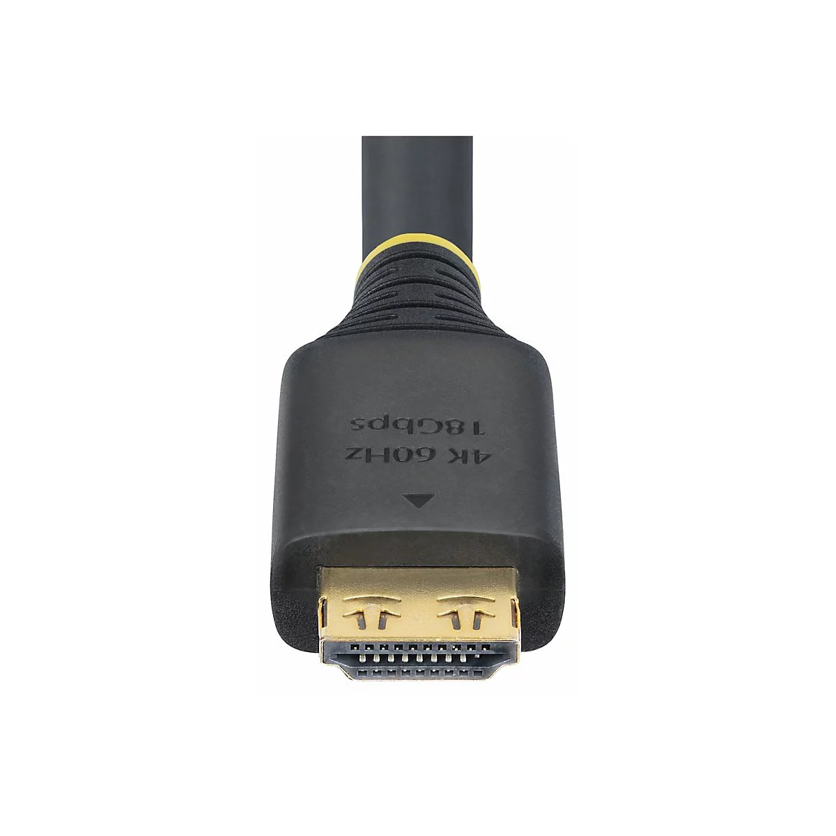 Nahaufnahme eines schwarzen HDMI-Kabels. Goldfarbener Stecker, Schriftzug: 4K 60Hz 18Gbps.