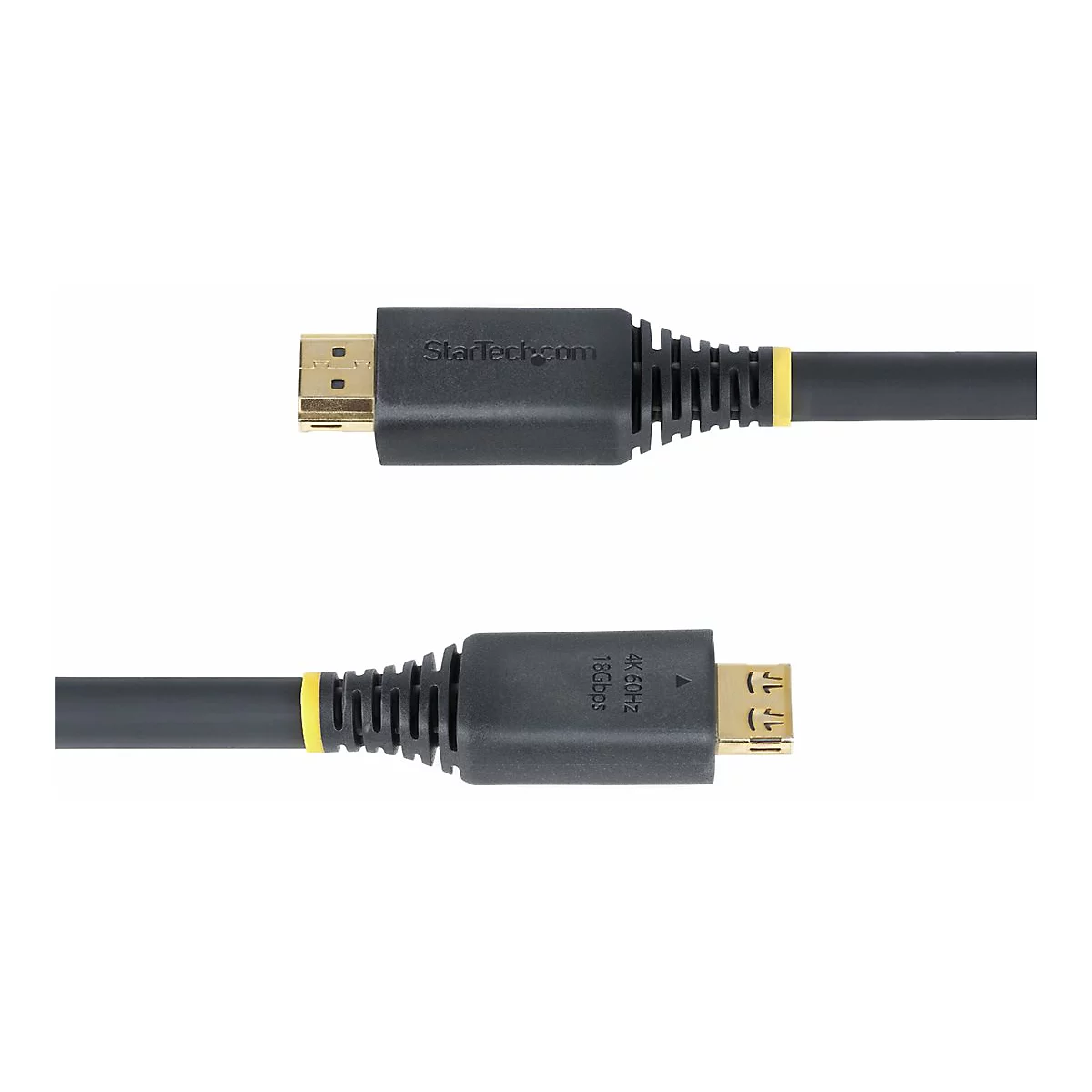 Schwarzes HDMI-Kabel mit gelbem Akzent, goldfarbenen Anschlüssen und Startech.com-Logo.