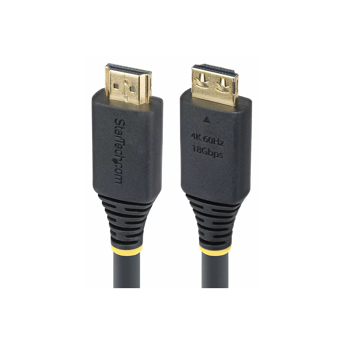 Zwei HDMI-Kabel mit vergoldeten Anschlüssen auf weißem Hintergrund. Auf den Kabeln steht StarTech.com und technische Daten.