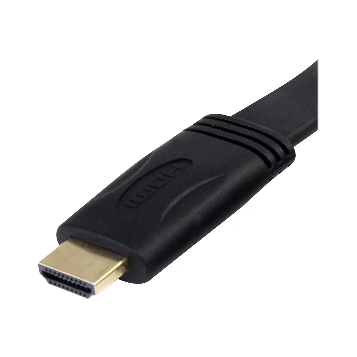 Nahaufnahme eines schwarzen HDMI-Kabels. Der Stecker ist goldfarben, das Kabel selbst hat eine matte Textur.
