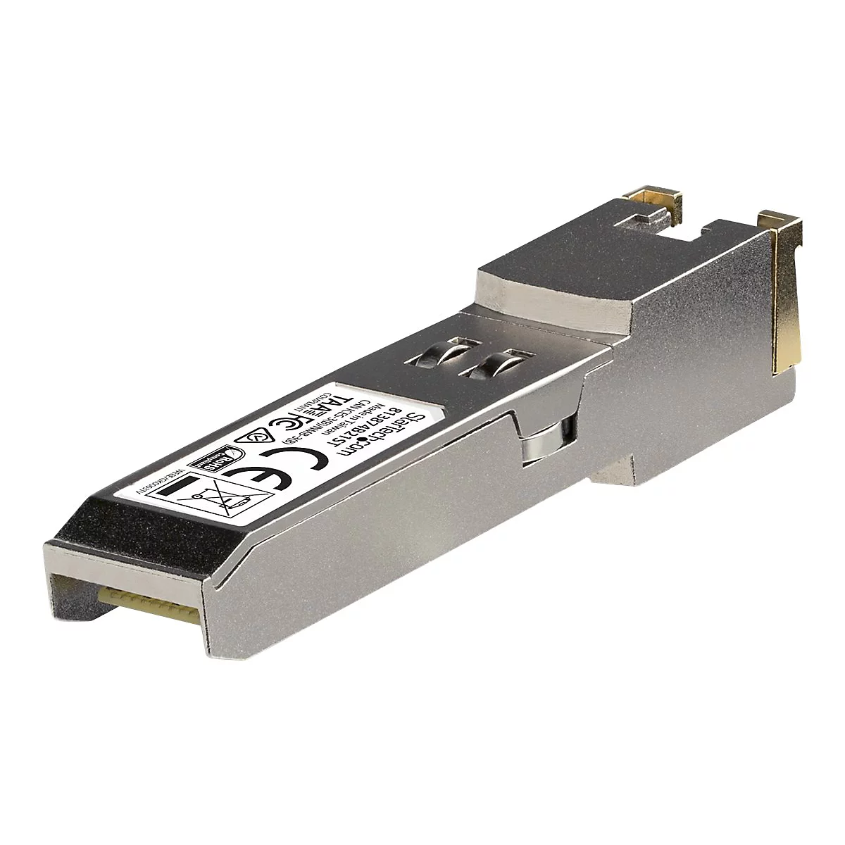 Metallfarbenes elektronisches Bauteil mit Schriftzug. Beschriftungen wie 'StarTech.com' und '813874B21ST' sind zu sehen.